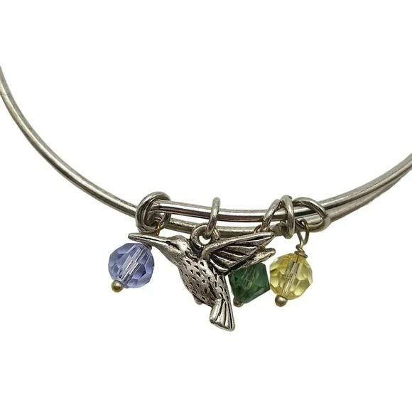 Multicolor Glass Beads Hummingbird Charm Bangle Bracelet Silver Tone Vintage - Picture 2 of 5